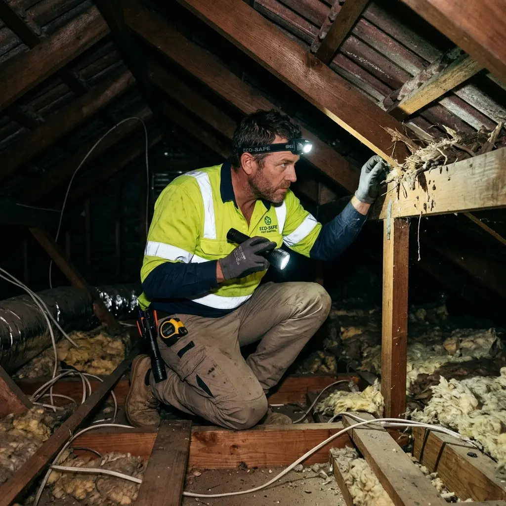 Technician inspecting a roof cavity for a dead animal in Middle Park